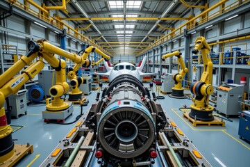 Fototapeta premium Advanced Robotics Assembling Aircraft Engine in Modern Factory