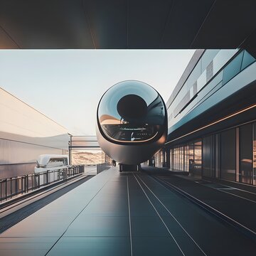 A photo of a hyperloop pod arriving at a modern transportation terminal.