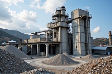 Obraz premium Industrial Gravel Processing Plant with Aggregate Piles and Conveyer Belts