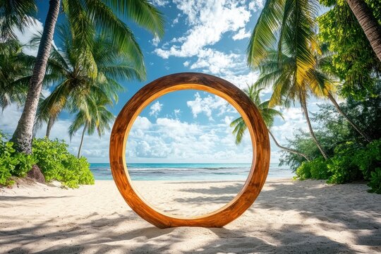 Tropical beach wooden circle frame ocean view wedding