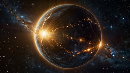 Obraz premium In a celestial masterpiece found deep within vast galaxies, a glowing orb of celestial significance floats majestically, radiating hues of shimmering golds and silvers. This exquisite photograph captu