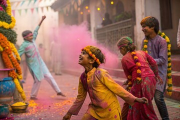 Fototapeta premium Children covered in colored powder during the festival of Holi. Happy cute Asian kids celebrate Indian holi festival