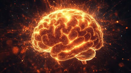 Glowing brain, energy burst, dark space, idea concept