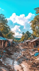Obraz premium A narrow, muddy path lined with makeshift shelters under a bright sky.