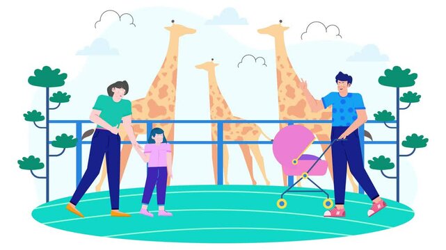 family enjoying a day at the zoo watching giraffes exhibit business illustration animated video