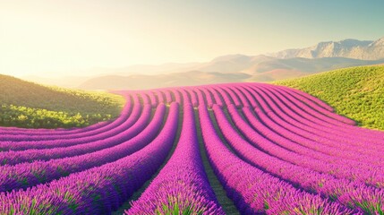Obraz premium A scenic view of lavender fields in rolling hills under a soft sunrise.
