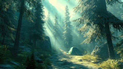 Fototapeta premium A serene forest scene featuring a tent, sunlight filtering through tall trees.