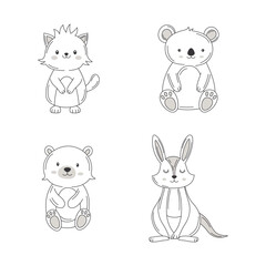 Vignetting Set of Cute Fox Koala Bear Kangaroo Doodle Cartoon Character