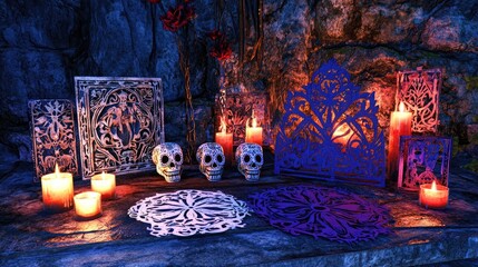 A vibrant altar scene featuring candles, decorative skulls, and intricate papel picado art.