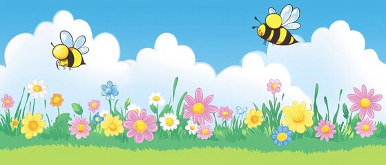 Naklejka premium Colorful Spring Landscape with Bees and Flowers Under a Bright Blue Sky
