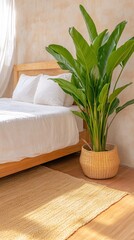 Bright and Cozy Bedroom with Green Plant and Natural Elements in Sunlight