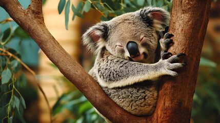 Fototapeta premium A photo of a koala resting on a eucalyptus tree branch in the Australian outback.