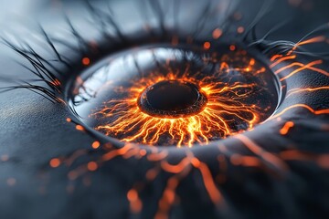 A detailed view of an eye featuring vibrant orange and red patterns resembling flames, set against...