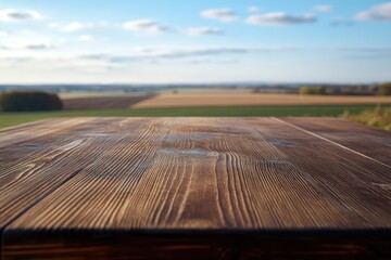 Rustic wooden table autumn field background product display