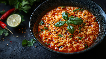 Spicy ramen noodles in a bowl with basil.