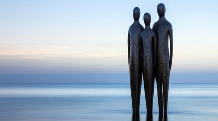 Coastal family sculpture, serene sunset, calm ocean, unity theme