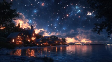 Lakeside village, starry night, sunset, reflection, fantasy art, website banner
