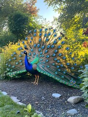 Obraz premium A photo of a majestic peacock displaying its vibrant tail feathers in a garden.