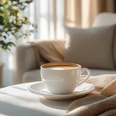 Close-up morning coffee on the table in the living room.