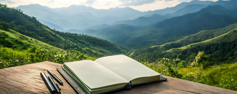 Open book on mountain vista.  Nature inspiration.