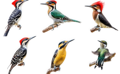 a variety of woodpecker species perched on branches against a white background each bird displays distinct colors and patterns. highlighting their unique characteristics and diversity within the woodp