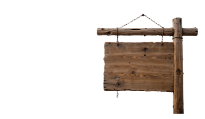 A weathered wooden sign hangs from a rustic wooden post, set against a transparent background.