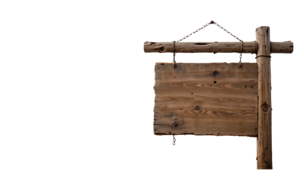 A weathered wooden sign hangs from a rustic wooden post, set against a transparent background.