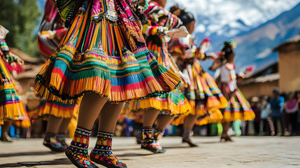 Vibrant Peruvian dancers in colorful traditional costumes.