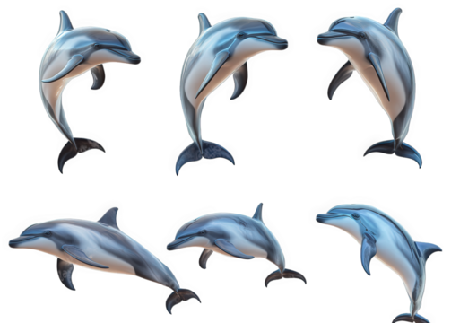 a series of stylized dolphins in various dynamic poses. emphasizing their graceful movements and playful nature the dolphins are depicted in a sleek. three-dimensional design against a plain backgroun