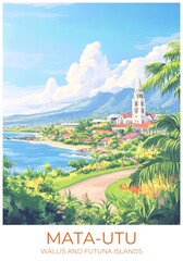 Obraz premium Mata-utu Wallis and futuna islands Travel Poster Flat Illustration Print Decor Gift Canvas Wall Art Gift