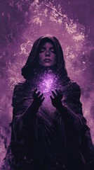 Fototapeta premium Hooded Figure Holding Purple Glowing Orb Of Light