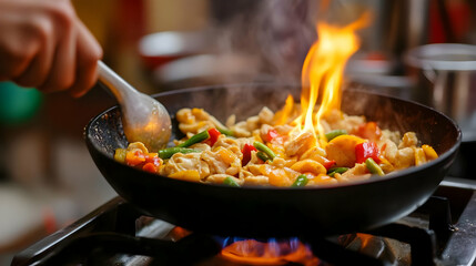 Chef flambes delicious stir-fry in a hot pan.