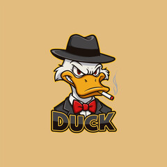 The image features a cartoon illustration of a gangster duck wearing a suit, hat, and bowtie, smoking a cigarette.