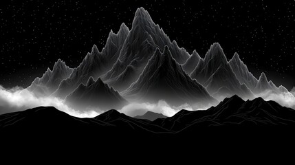 Monochrome mountain range at night, shrouded in mist, under a starry sky.