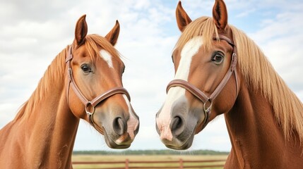 Obraz premium The horses are wearing bridles and seem to be looking at the camera