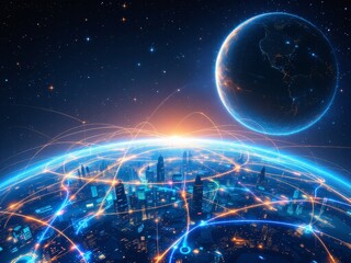 Futuristic Global Network Concept with Glowing City Connections and Planet Earth in Space
