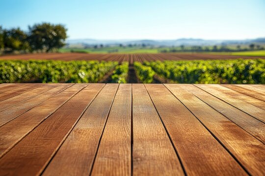 Vineyard, wooden table, sunny rural landscape, product display