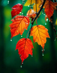 Fototapeta premium Close-up shot of orange leaves after rain