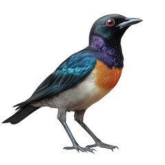 Fototapeta premium a colorful bird with a striking plumage. featuring a vibrant blue and orange body. a black head. and bright red eyes. standing upright against a plain background it showcases the beauty and diversity