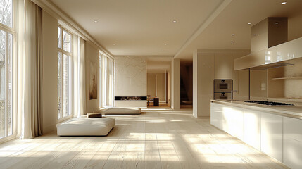 Obraz premium Sunlit minimalist apartment interior with open kitchen and living area.