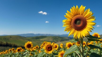 Sunflower Field Blooms Under a Sunny Blue Sky