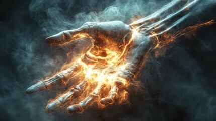 Fiery hand, smoke, dark background, fantasy art, game design