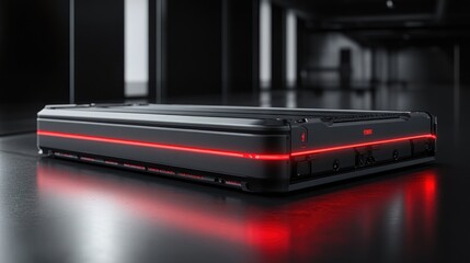 Futuristic battery charging in dark warehouse