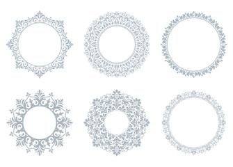 Set of decorative frames Elegant vector element for design in Eastern style, place for text. Floral gray and white borders. Lace illustration for invitations and greeting cards