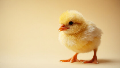 Obraz premium Adorable fluffy yellow chick standing on a soft background