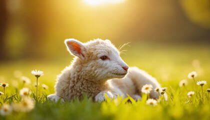 Obraz premium Adorable lamb resting among daisies in a sunny meadow
