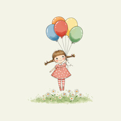 A cute girl with pigtails floats joyfully in the air above a daisy field, held aloft by colorful balloons.