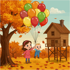 Two young children hold onto colorful balloons near a treehouse in an autumnal setting.