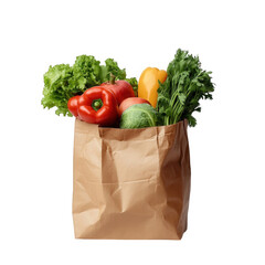 a brown paper bag filled with fresh vegetables. including lettuce. bell peppers. and kale. emphasizing healthy eating and sustainability