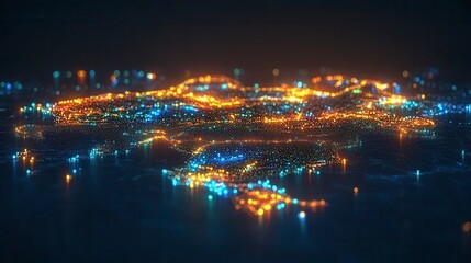 Fototapeta premium Night city lights, glowing cityscape, digital map.